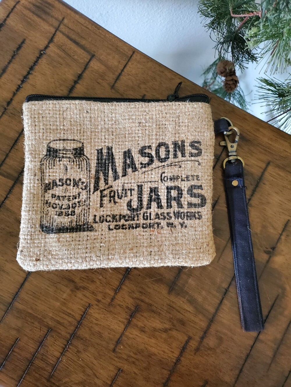 Masons Fruit Jars Wristlet Purse Burlap Ticking Stripe Makeup Bag India NWOT - Picture 2 of 9